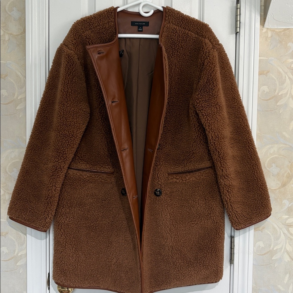 Ann Taylor Fun Faux Sherpa with Faux Leather Wool Blend Double-Breasted Coat - Picture 5 of 9